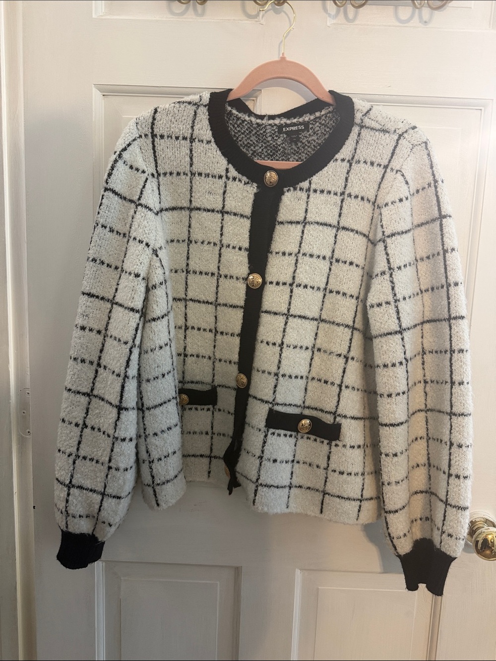 Express Black & White Windowpane Tweed Cardigan
